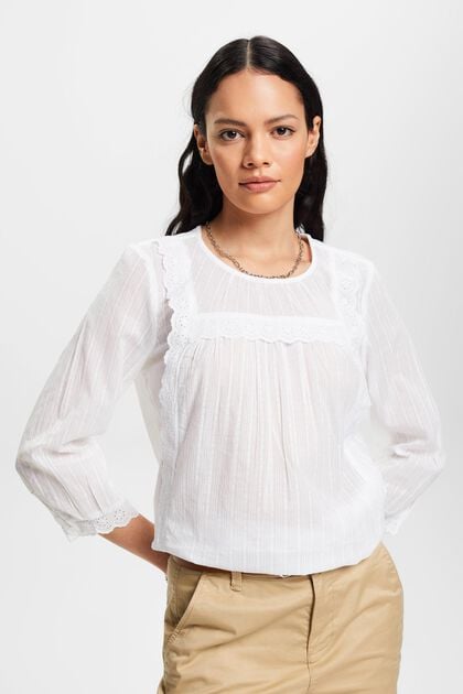 Kanten blouse met schulprandje, WHITE, overview