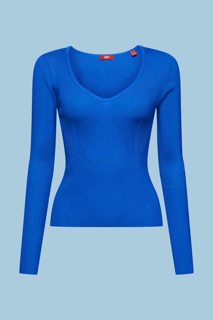 Ribgebreide trui met V-hals, BRIGHT BLUE, detail image number 6