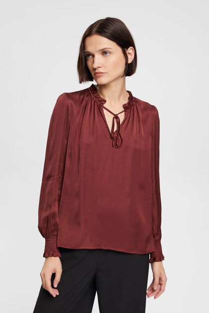 Satijnen blouse met gerimpelde kraag, LENZING™ ECOVERO™