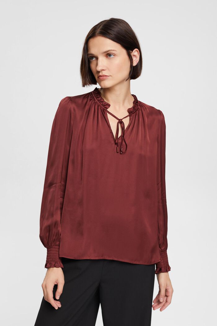 Satijnen blouse met gerimpelde kraag, LENZING™ ECOVERO™, BORDEAUX RED, overview