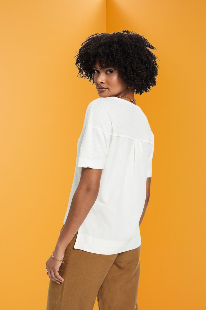 T-shirt met V-hals van een linnenmix, OFF WHITE, detail image number 3
