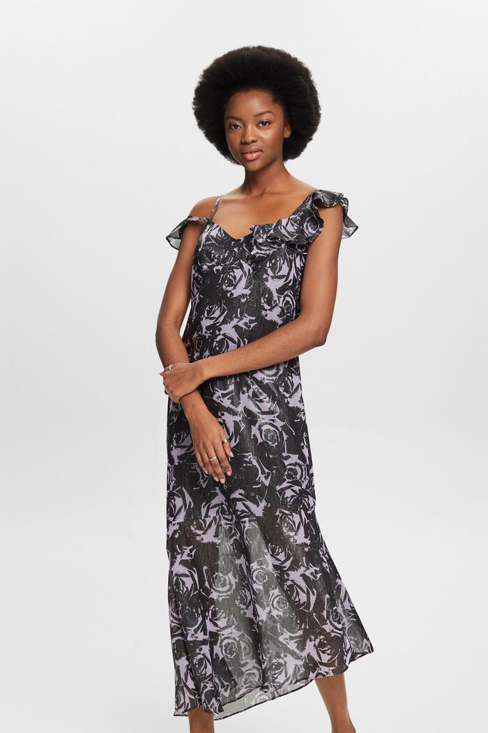 Off-the-shoulder chiffon maxi-jurk met print, BLACK, detail image number 4
