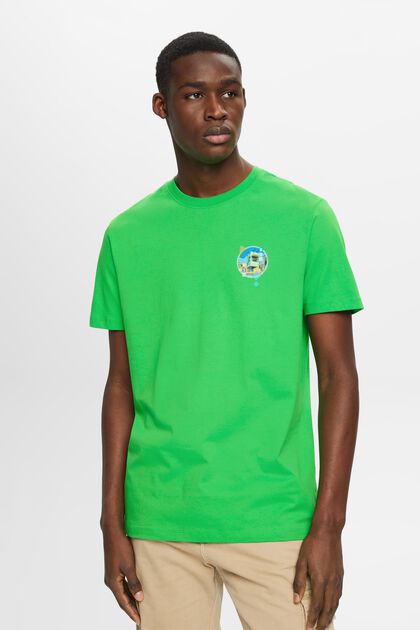 Katoenen T-shirt met slim fit en kleine borstprint, GREEN, overview