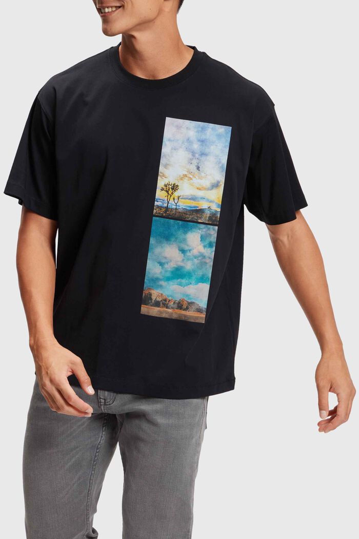 T-shirt met print van een gestapeld landschap, BLACK, detail image number 0
