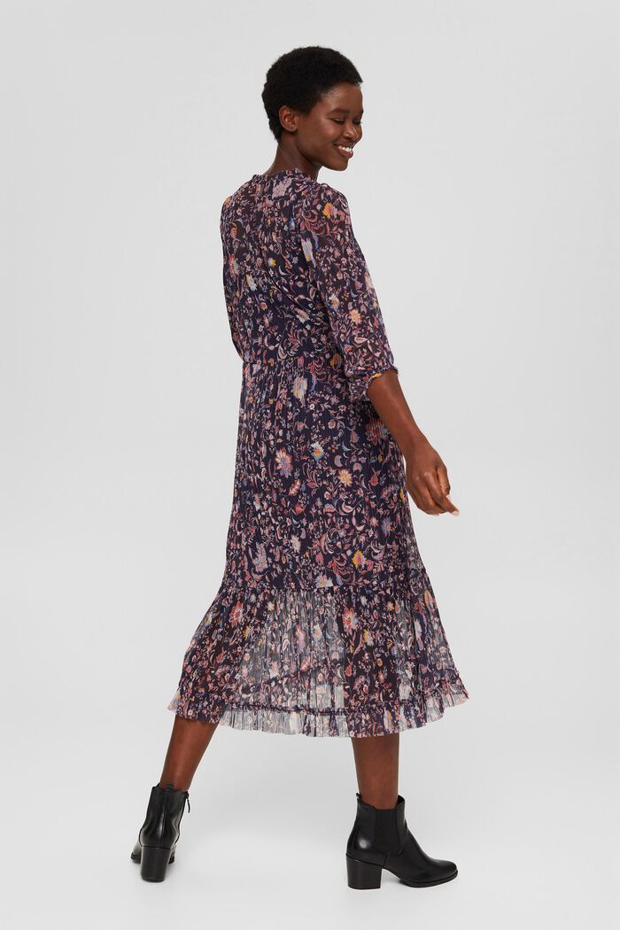 Geplooide mesh jurk met bloemenprint, NAVY, detail image number 2