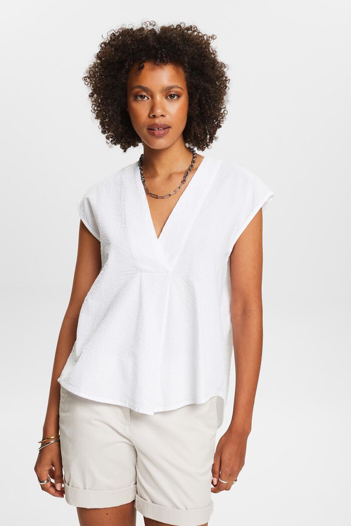 Gestreepte katoenen blouse met V-hals, WHITE, detail image number 0