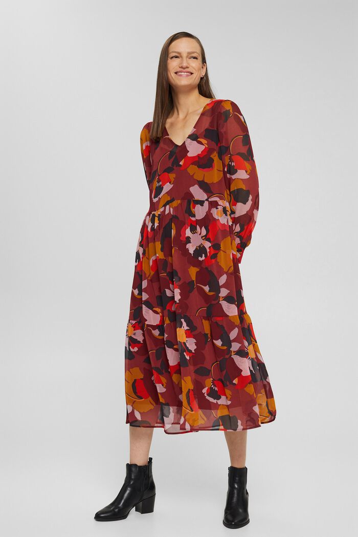 Gerecycled: midi-jurk van chiffon met print, TERRACOTTA, detail image number 4