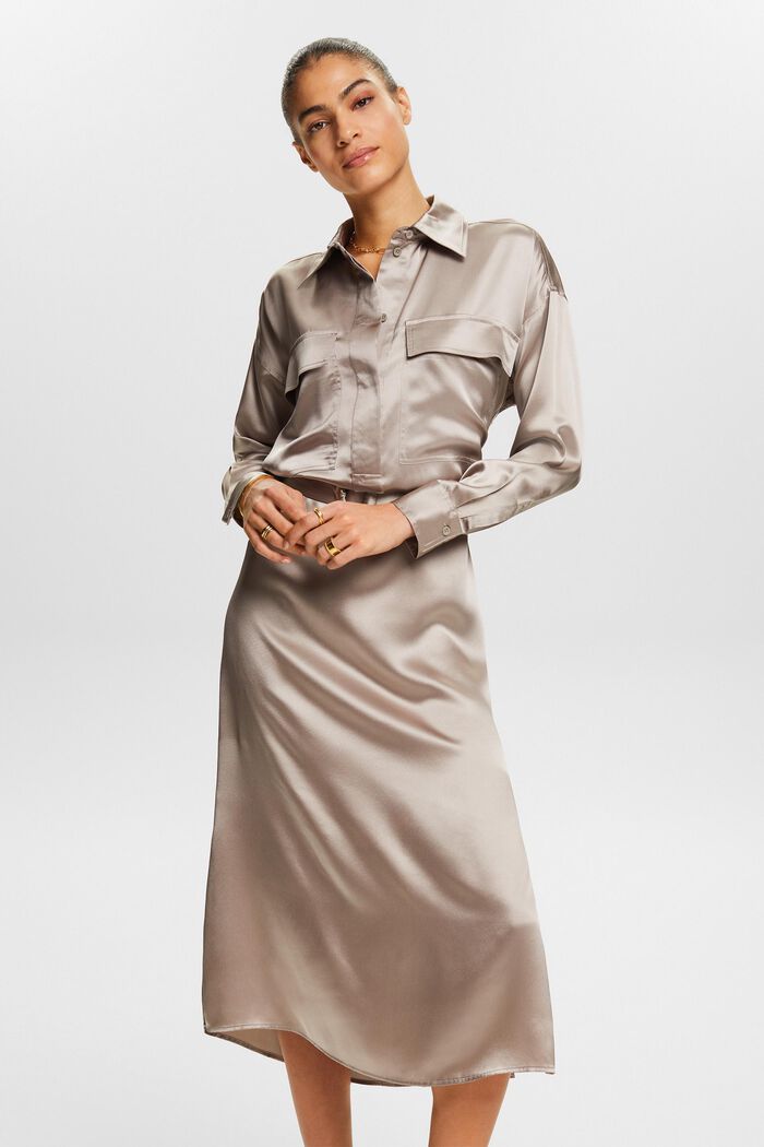 Zijden midi-jurk met ceintuur, LIGHT TAUPE, detail image number 0