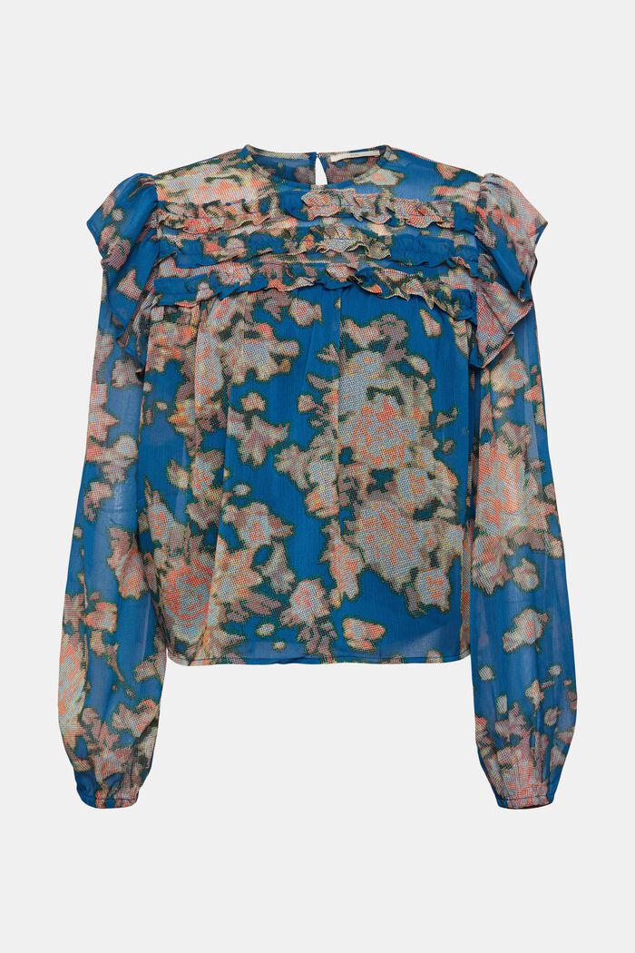 Chiffon blouse met print en ruches, TEAL BLUE, overview