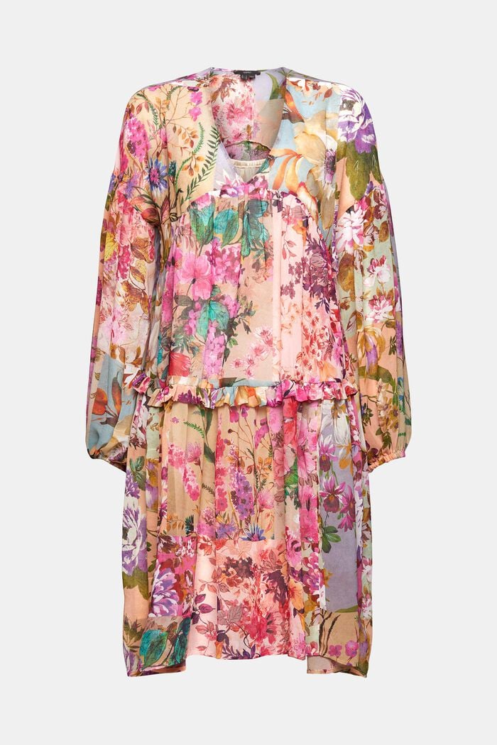 Gerecycled: chiffon jurk met bloemenmotief, PINK FUCHSIA, overview
