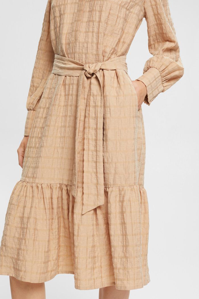 Geruite midi-jurk met crinkles, CREAM BEIGE, detail image number 3