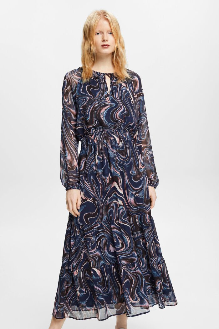 Maxi-jurk van crinkled chiffon met volantmouwen, NAVY, detail image number 0