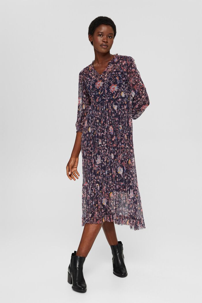 Geplooide mesh jurk met bloemenprint, NAVY, detail image number 1