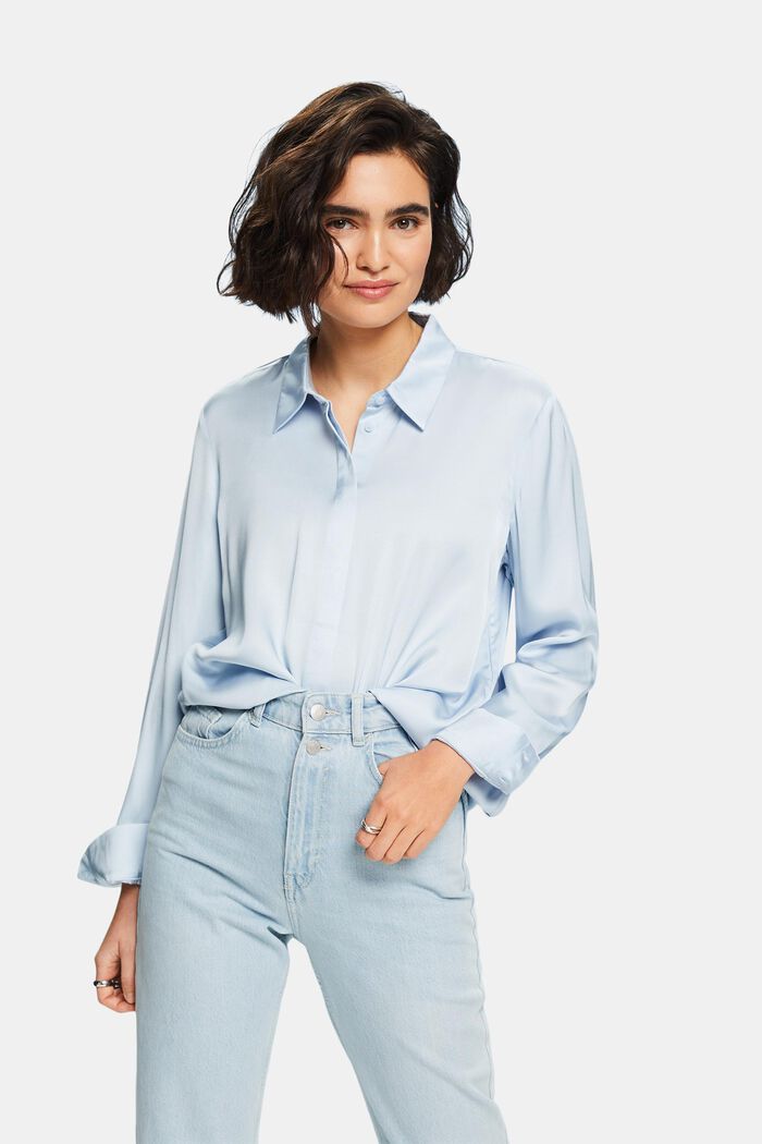 Satijnen blouse met lange mouwen, LIGHT BLUE, detail image number 0
