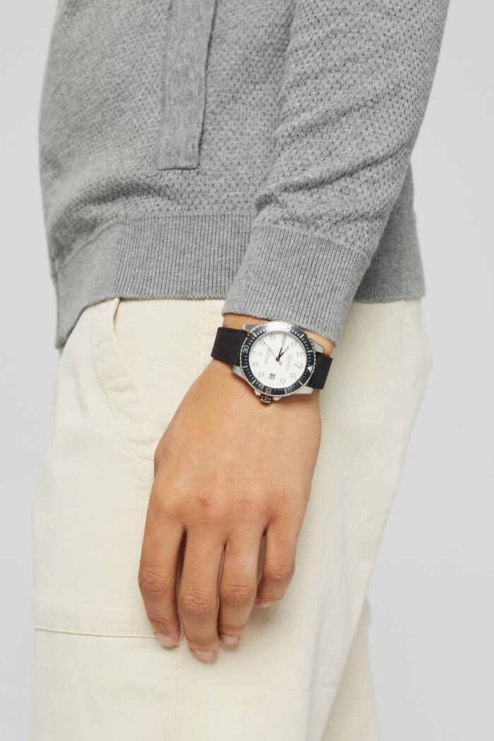 Edelstalen horloge met een bandje van textiel, BLACK, detail image number 2