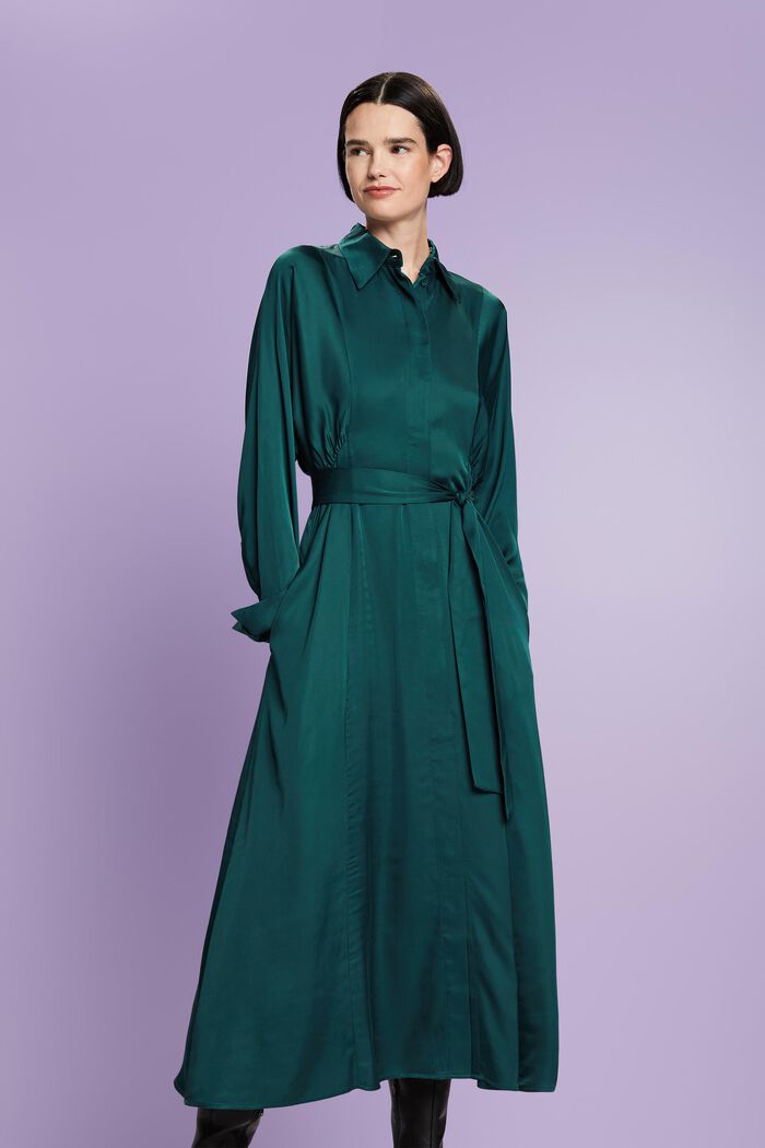 Satijnen jurk met ceintuur, EMERALD GREEN, detail image number 2