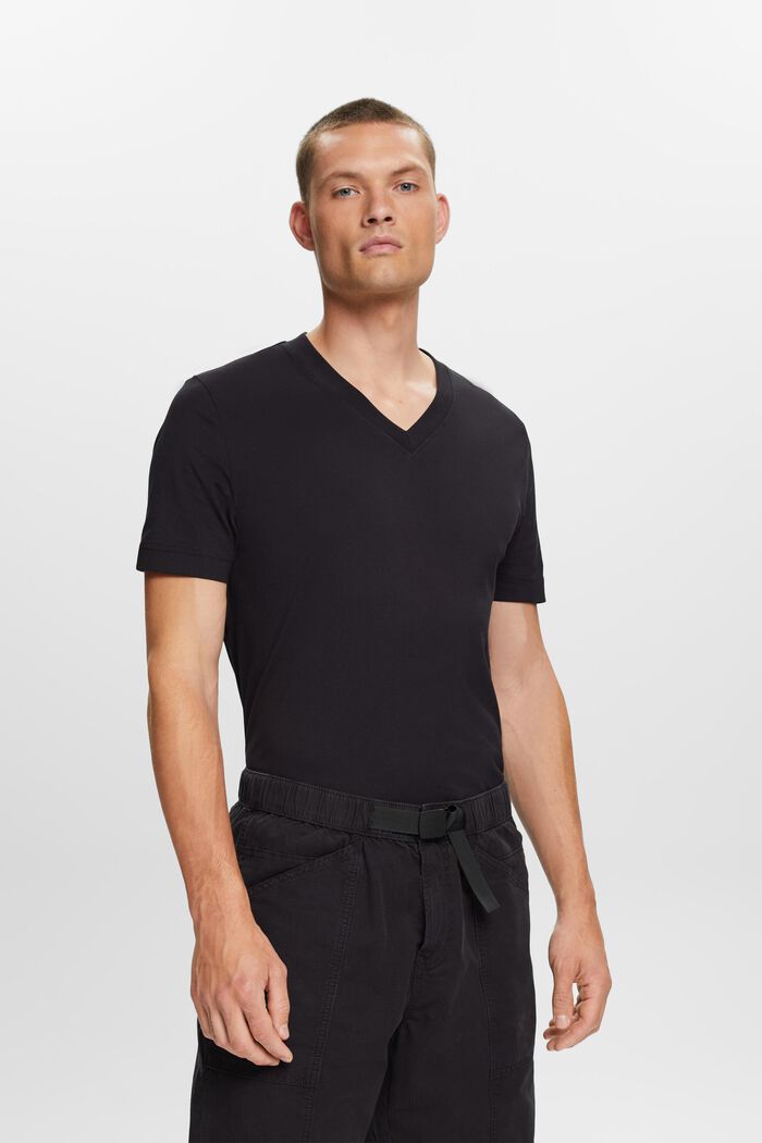 Jersey T-shirt met V-hals, 100% katoen, BLACK, detail image number 0