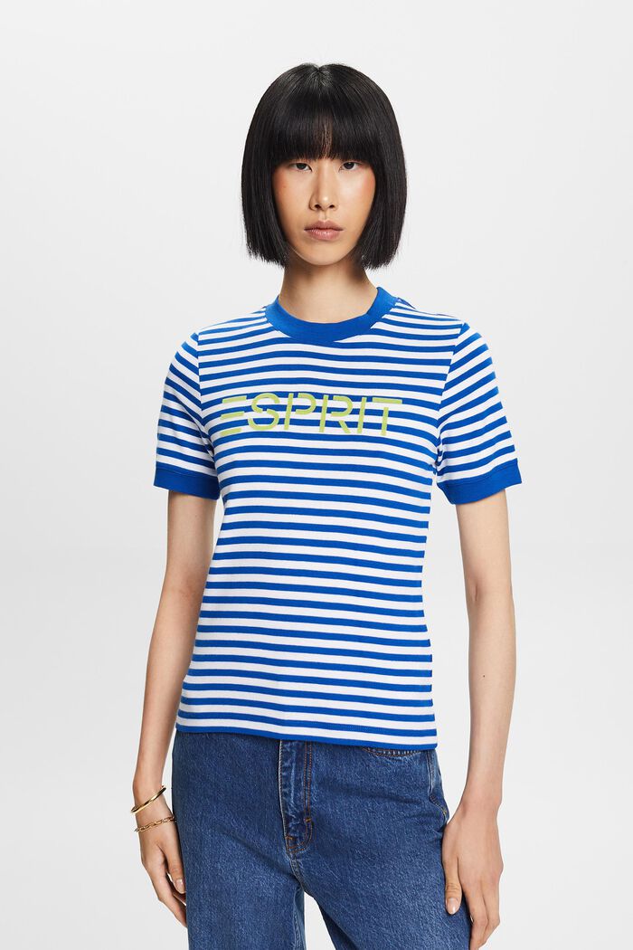Gestreept katoenen T-shirt met logoprint, BRIGHT BLUE, detail image number 0