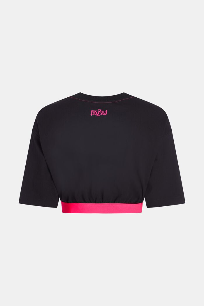 Cropped neonkleurig T-shirt met ribboorden en logo, BLACK, detail image number 5