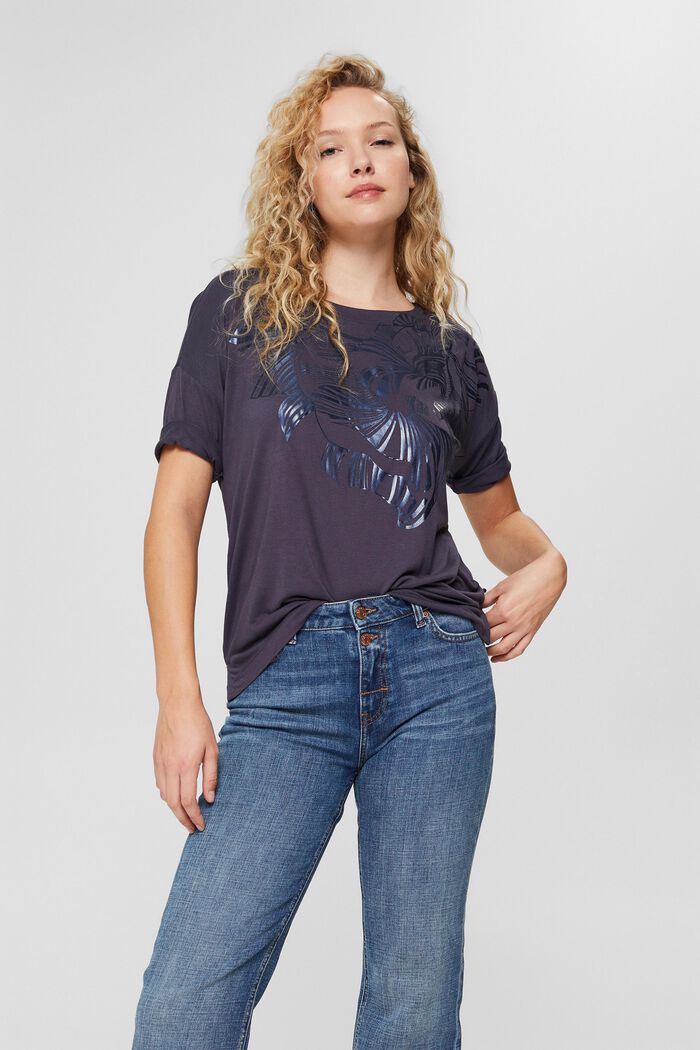 T-shirt met metallic print, LENZING™ ECOVERO™, DARK BLUE, overview