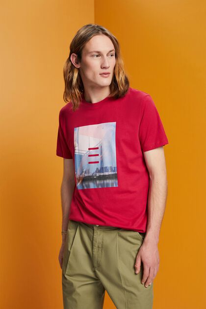 Katoenen T-shirt met print, DARK PINK, overview