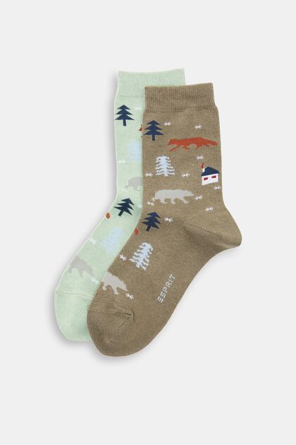 Set van 2 paar sokken met motief, organic cotton, LIGHT GREEN/KHAKI, overview