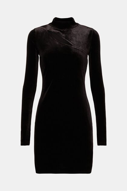 Fluwelen jurk met cut-out, BLACK, overview