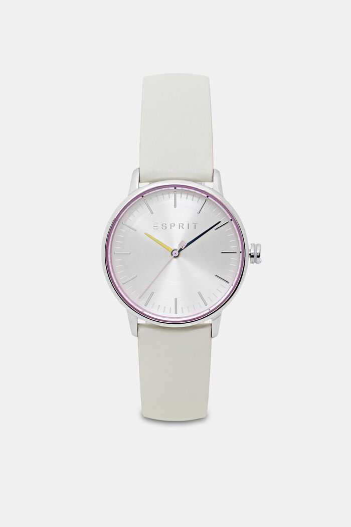 Edelstalen horloge met een leren bandje, OFF WHITE, detail image number 0