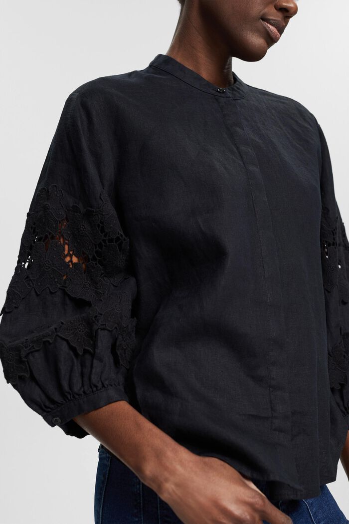 Linnen blouse met bloemenborduursel, BLACK, detail image number 2