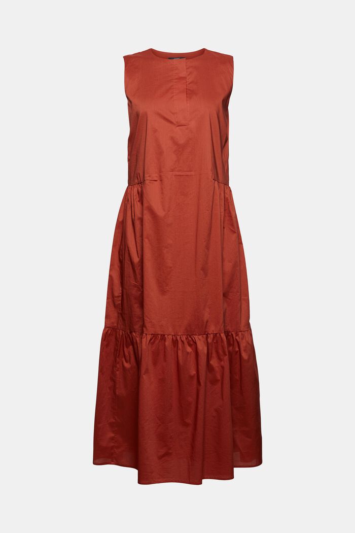 Mouwloze katoenen midi-jurk met volant, TERRACOTTA, detail image number 0