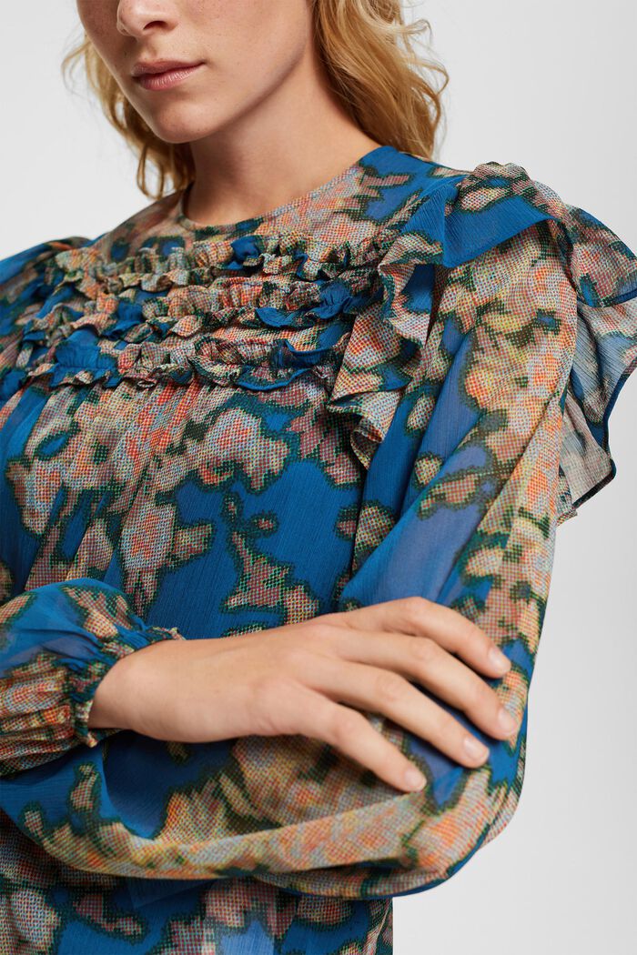 Chiffon blouse met print en ruches, TEAL BLUE, detail image number 3