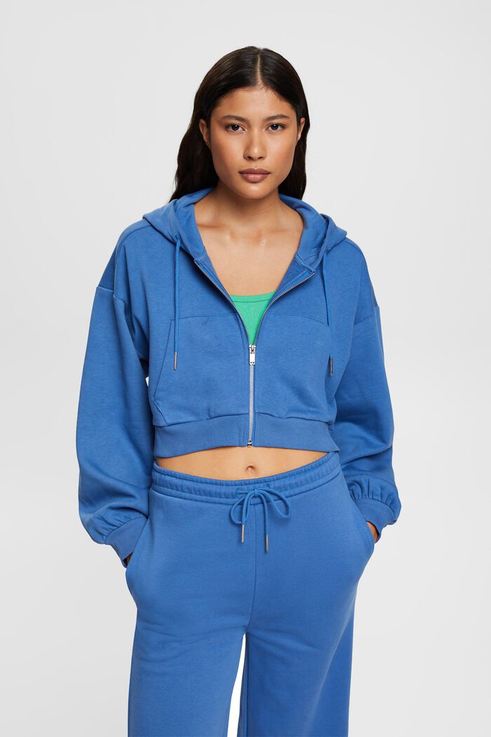 Kortere hoodie met doorlopende knoopsluiting, BLUE, detail image number 0