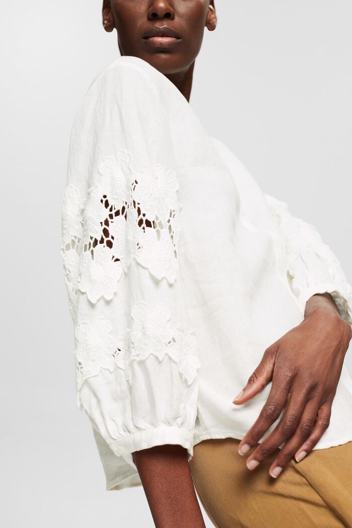 Linnen blouse met bloemenborduursel, OFF WHITE, detail image number 2