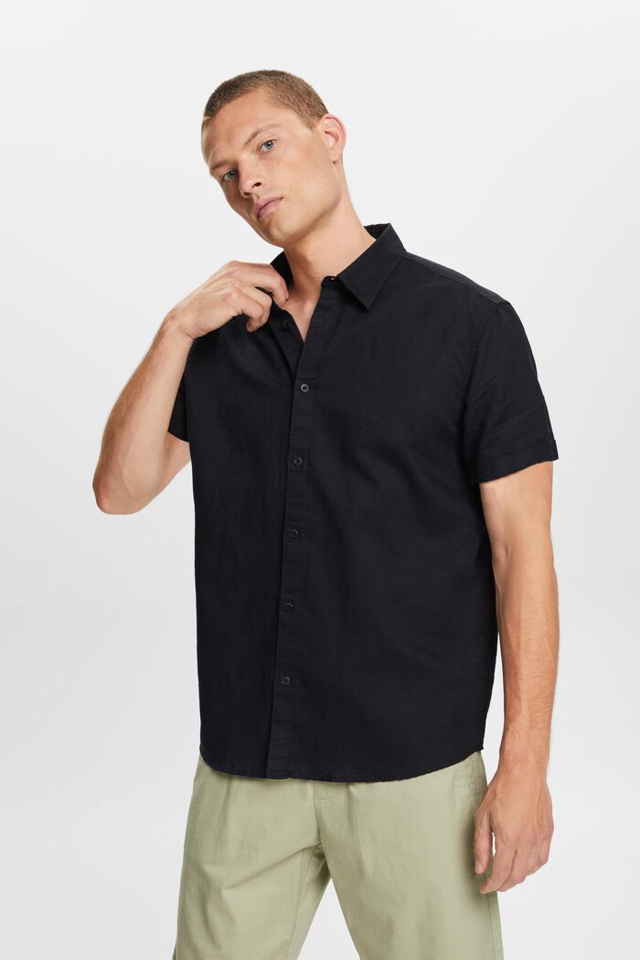 Shirt met korte mouwen van een linnen-katoenmix, BLACK, detail image number 0