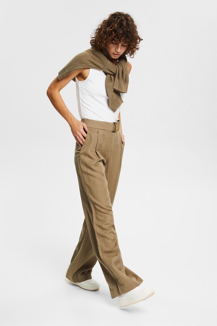 Met linnen: broek met wijde pijpen en riem, KHAKI GREEN, detail image number 1