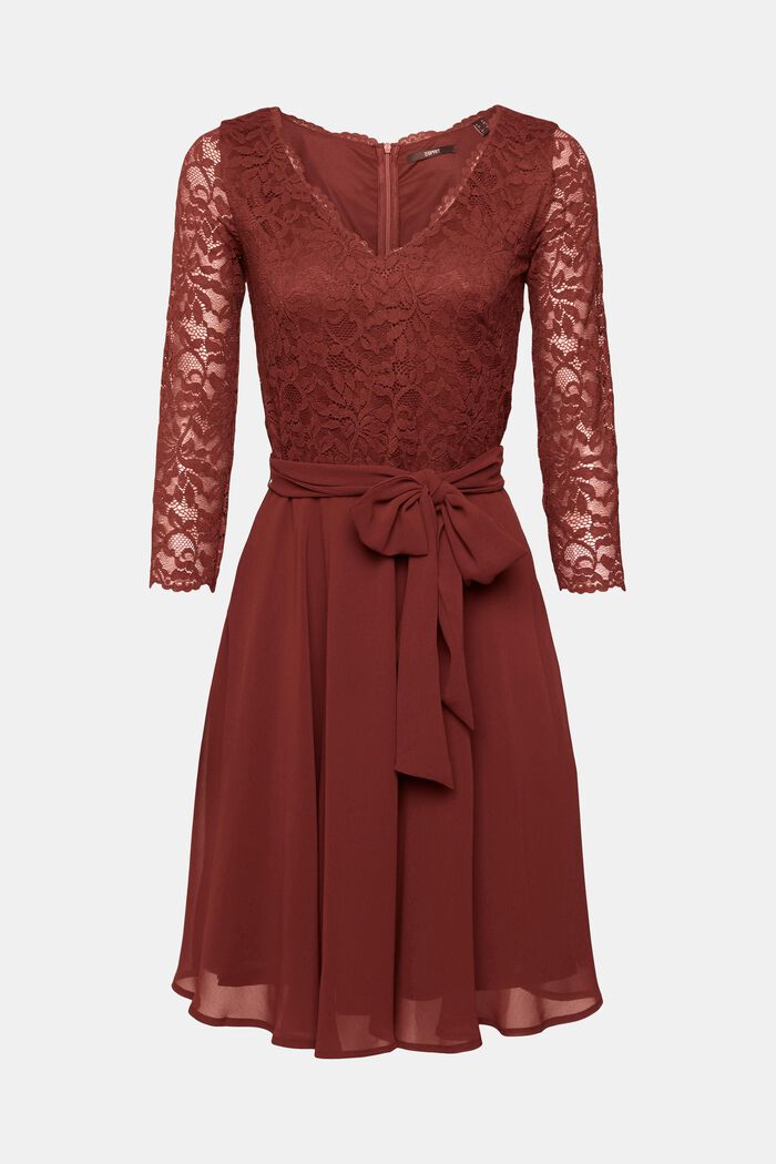 Midi-jurk van chiffon met kanten detail, BORDEAUX RED, detail image number 6
