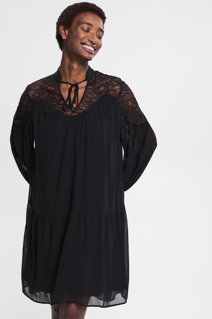 Chiffon mini-jurk met kant, BLACK, detail image number 1