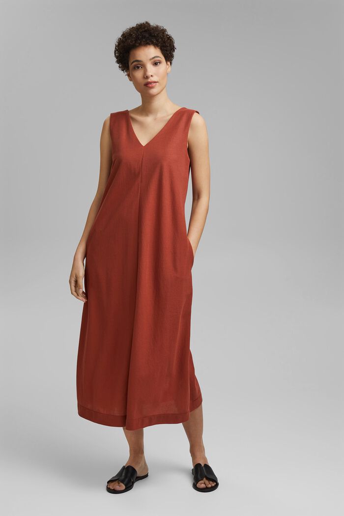 Midi-jurk met V-hals voor en achter, LENZING™ ECOVERO™, TERRACOTTA, detail image number 0