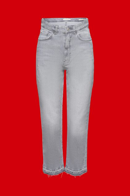 Jeans met hoge taille, kortere pijpen en een rafelige zoom, GREY MEDIUM WASHED, overview