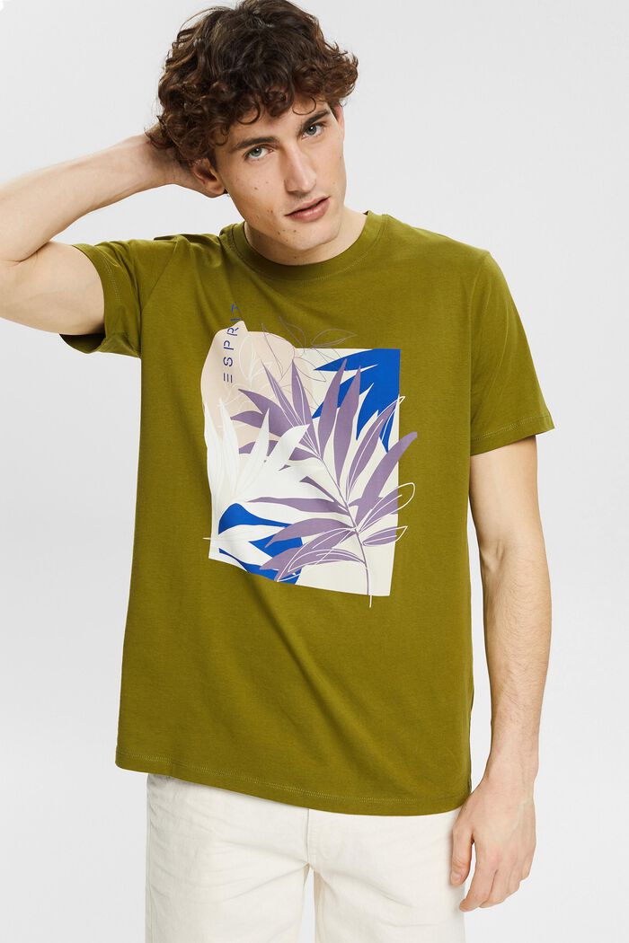 Jersey T-shirt met plantenprint, LEAF GREEN, detail image number 0