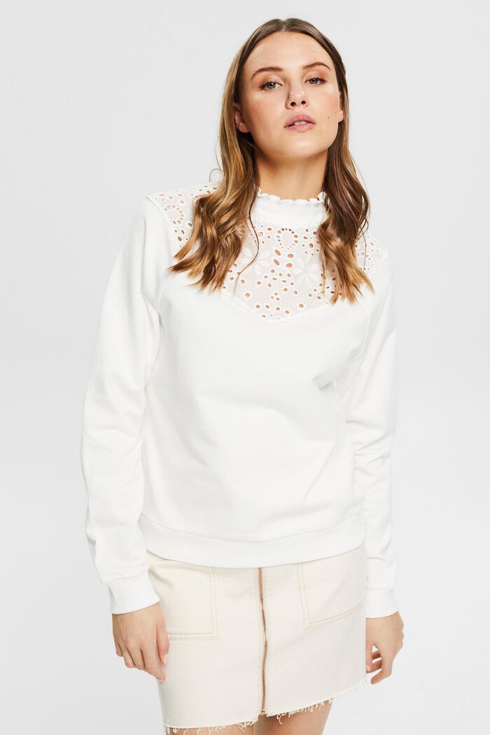Sweatshirt met opengewerkte kant, biologisch katoen, OFF WHITE, detail image number 0