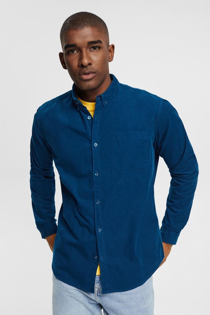 Corduroy overhemd met buttondownkraag, PETROL BLUE, overview
