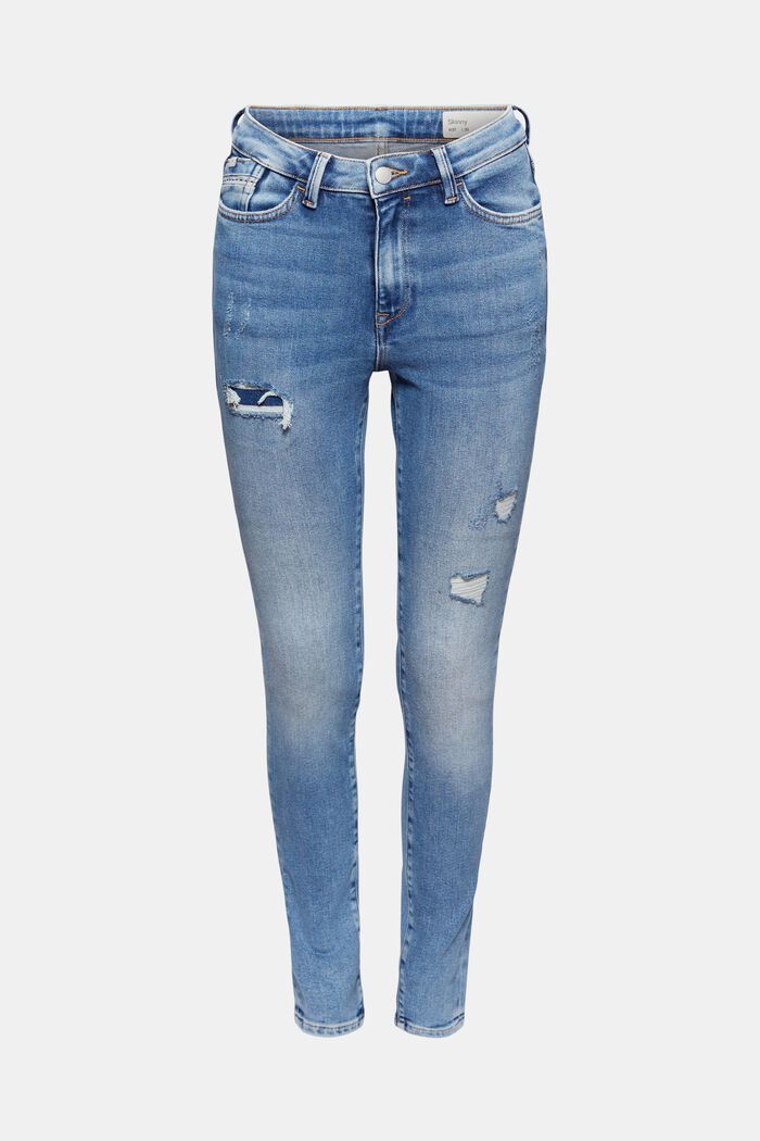 Skinny jeans met destroyed look, biologisch katoen, BLUE MEDIUM WASHED, detail image number 7