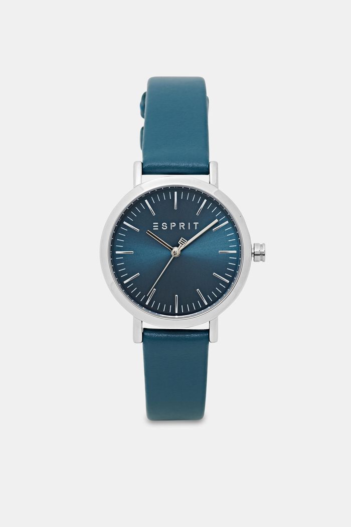 Edelstalen horloge met een leren bandje, BLUE, overview
