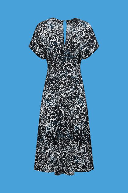 Jersey jurk met V-hals en print all-over, BLACK, overview