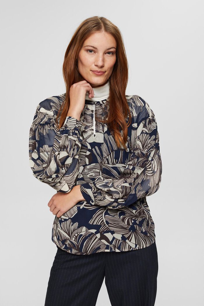 Gerecycled: chiffon blouse met print, NAVY, detail image number 0