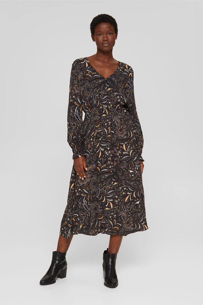 Gebloemde midi-jurk met gesmokte taille, BROWN, detail image number 1