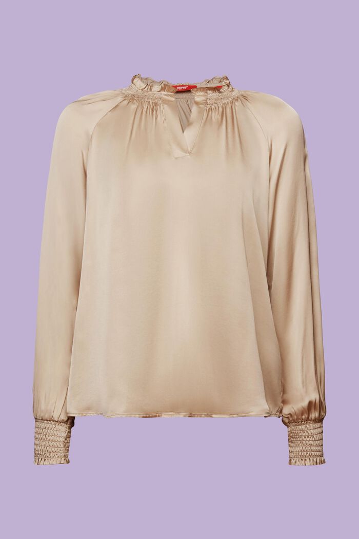 Gesmokte satijnen blouse met V-hals, LIGHT TAUPE, detail image number 5