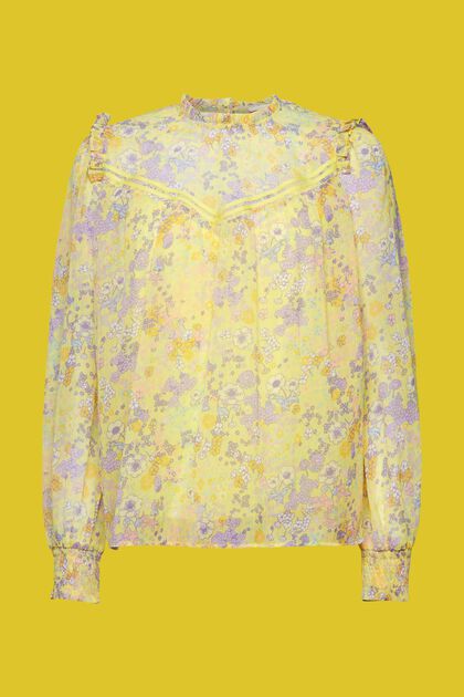 Gebloemde chiffon blouse met ruches, LIGHT YELLOW, overview