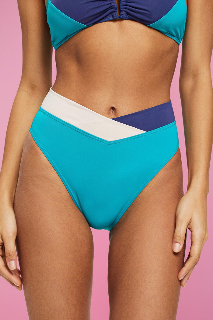 Mid waist bikinibroekje in colour block-design, TEAL GREEN, detail image number 1